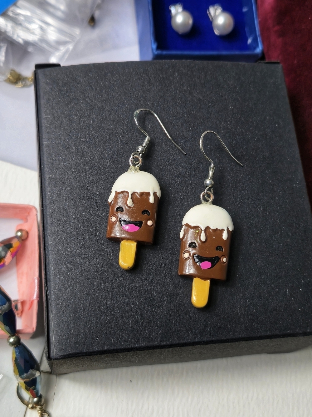 925 Sliver Cute Chocolate Ice Cream Dangle Earrings – White, Brown & Yellow